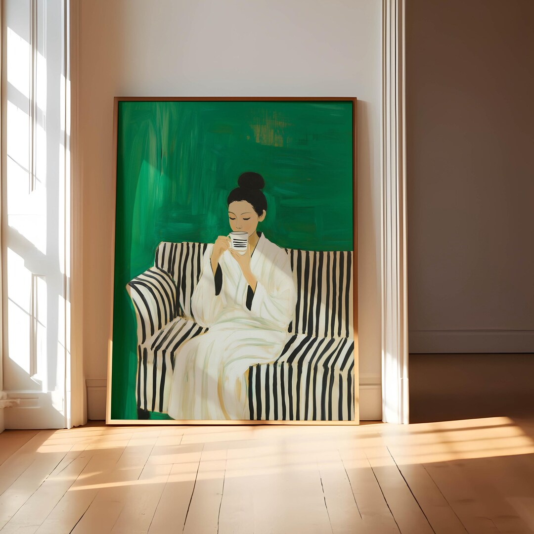 Emerald Green Woman Drinking Coffee, Coffee Art Print, Coffee Still ...