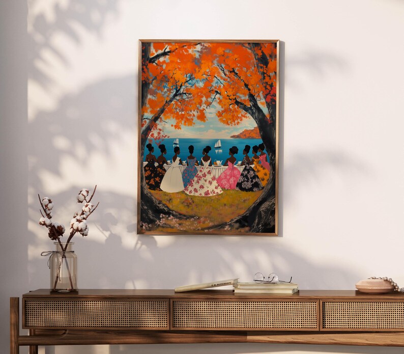 May include: A painting of a group of women in colorful dresses sitting under a tree by the ocean. The women are all facing away from the viewer and are looking out at the water. There is a sailboat in the distance.