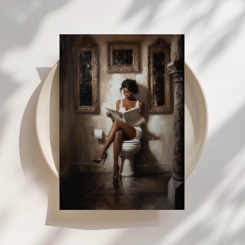 African American Poster, African American Wall Art For Bathroom, Black Woman Bathroom Art, Vintage Bathroom Art, Black Woman Reading image 2