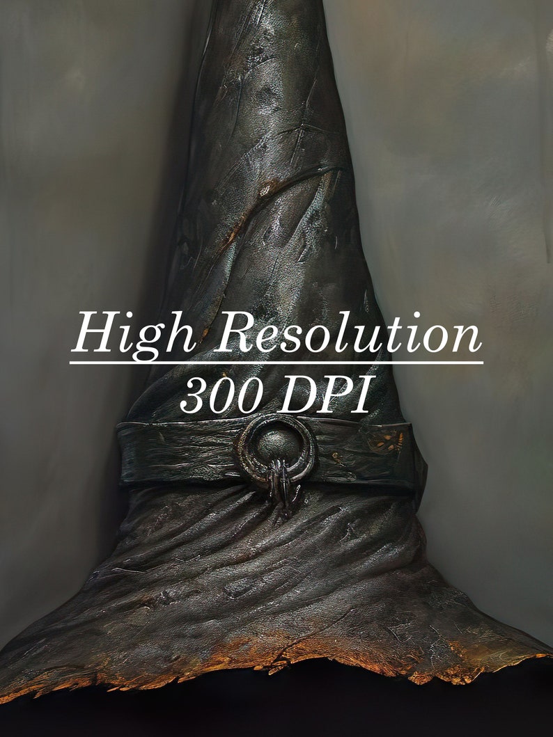 Op de afbeelding: Een grote, donkergrijze, puntige hoed met een brede rand en een leren band met een metalen ring. De hoed heeft een getextureerd oppervlak en lijkt van leer te zijn gemaakt. De tekst "Hoge resolutie 300 DPI" is zichtbaar op de afbeelding.