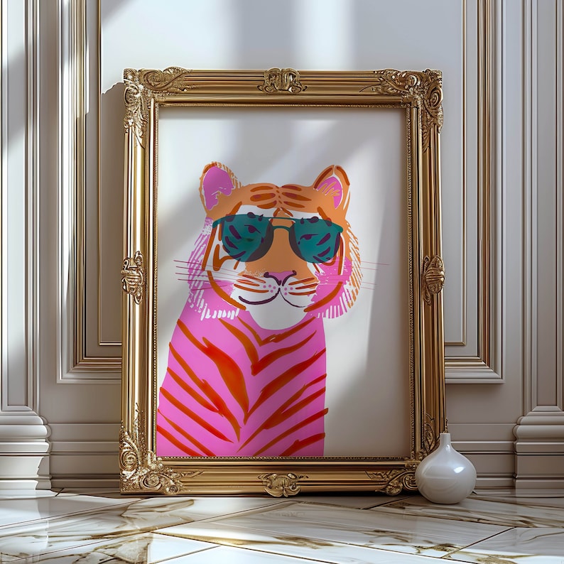 Pink Tiger Wall Art Prints, Retro Tiger Print, Preppy Maximalist Wall Art, Pink Preppy Wall Art, Coquette Room Decor, Pastel Wall Art image 3