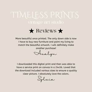 Może przedstawiać: Opinie o Timeless Prints, vintage'owym studiu artystycznym. Klientka o imieniu Avalyn m&oacute;wi, że wydruk jest piękny i na pewno dokona kolejnego zakupu. Inna klientka o imieniu Sylvia m&oacute;wi, że pobrała cyfrowy wydruk i wydrukowała go na pł&oacute;tnie w rozmiarze 61x91 cm. Bardzo spodobało jej się, że pobranie zawierało r&oacute;żne rozmiary, aby zapewnić wysokiej jakości, wyraźny obraz, i absolutnie uwielbia kolory.