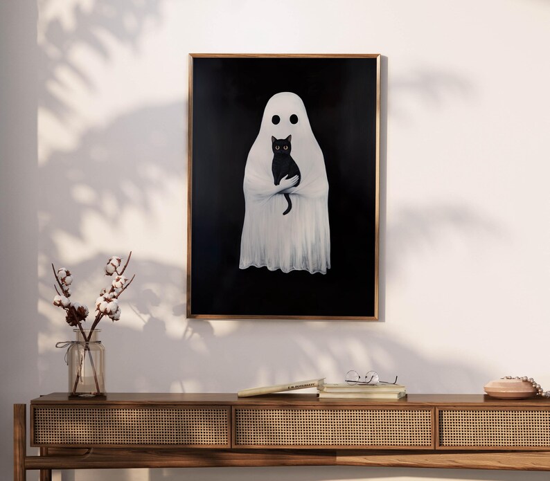 Ghost Holding Black Cat Art Print, Cute Ghost Wall Art, Ghost Art Print ...