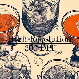 Puede incluir: Cuatro vasos de l&iacute;quido rojo con cubitos de hielo y rodajas de lim&oacute;n. Los vasos est&aacute;n dibujados en un estilo de boceto en blanco y negro sobre un fondo beige.