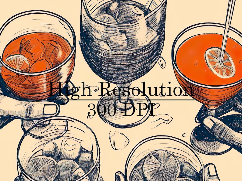Puede incluir: Cuatro vasos de l&iacute;quido rojo con cubitos de hielo y rodajas de lim&oacute;n. Los vasos est&aacute;n dibujados en un estilo de boceto en blanco y negro sobre un fondo beige.