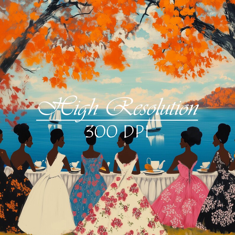 May include: Five women in colorful dresses sit at a table by a lake. The women are facing the lake and have their backs to the viewer. The lake is blue and there are trees in the background. The women are wearing dresses with floral patterns. The table is white and there are plates and cups on it.