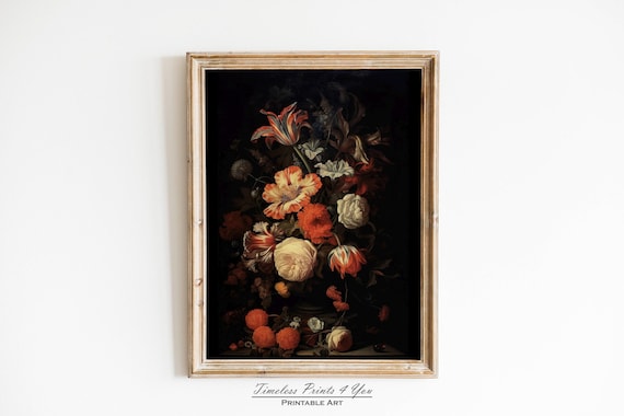 Dark Flower Wall Art, Dark Flower Print, Dark Flower Artwork, Dark Botanical Art, Dark Flower Mural, Dark Academia Art, Moody Floral Print