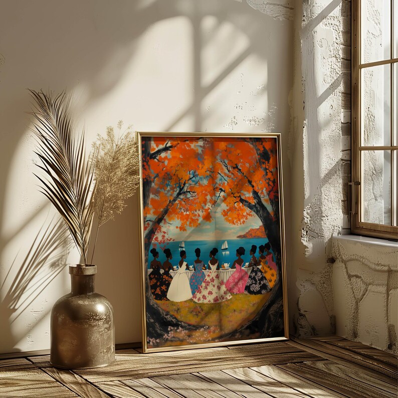 May include: A framed painting of a group of women in colorful dresses sitting under a tree with orange leaves. The women are facing away from the viewer and are looking out at a body of water with a sailboat in the distance.