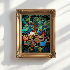 May include: A framed art print showing a colourful outdoor gathering. People are seated around a table laden with food under a large tree. The artwork uses rich colours and a detailed, folk-art style, set within a gold ornate frame.