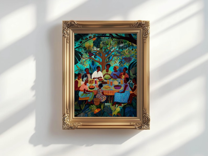 May include: A framed art print showing a colourful outdoor gathering. People are seated around a table laden with food under a large tree. The artwork uses rich colours and a detailed, folk-art style, set within a gold ornate frame.