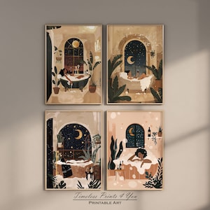 May include: Set of four printable art prints featuring illustrations of people relaxing in a bathtub with a night sky view. The prints have a warm color palette with shades of brown, beige, and green.