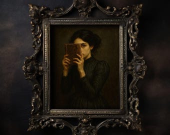 Victorian Woman Reading, Dark Academia Wall Art Print Dark Library Painting, Dark Literature Decor, Gothic Portrait Paintings, Vintage Art