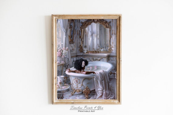 Black Girl In Bathroom Printable, Black Woman African American Victorian Art, Black Girl Bathroom Wall Art, Black Lady In Bath Portrait