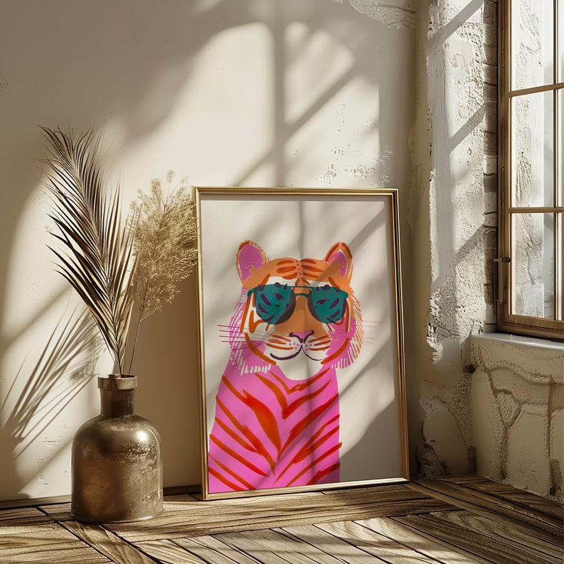 Pink Tiger Wall Art Prints, Retro Tiger Print, Preppy Maximalist Wall Art, Pink Preppy Wall Art, Coquette Room Decor, Pastel Wall Art image 9