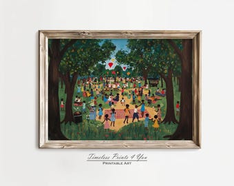 Afroamerikanische Wandkunst, schwarze Kunstdrucke, afroamerikanische Kunstwerke, Juni-Picknick im Park, schwarze Kunstmalerei, Vintage schwarze Kunst