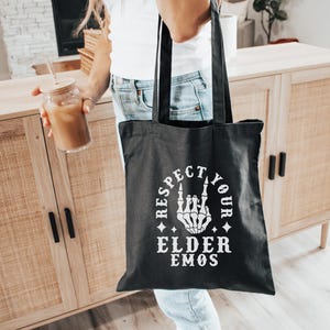 Respect Your Elder Emos Black Tote Bag | Cotton Canvas Tote Bag | Gift for Elder Emo | Eco Friendly Tote Bag | Reusable Tote Bag