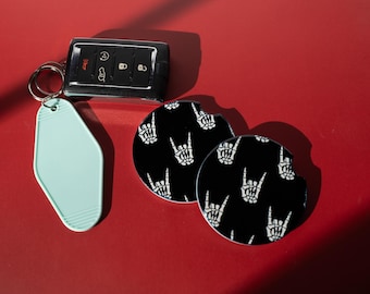 Emo Skull Hands Ceramic Car Coasters - Bookish Car Lover Gift (Set of 2)
