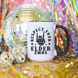 Respect Your Elder Emo Coffee Mug (15oz) | Colored Handle Coffee Mug | Elder Emo Gift | Gift for Elder Emo