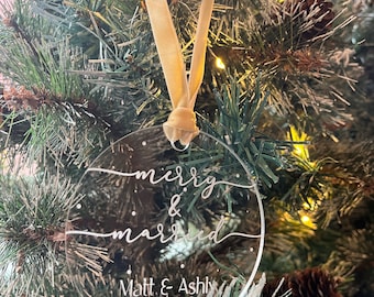 Merry & Married Christmas Ornament | Acrylic Ornament | Wedding Christmas Ornament