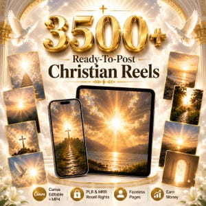 Peut inclure: Un ensemble de produits numériques comprenant 3500+ Ready-To-Post Christian Reels, affichés sur un smartphone et une tablette. L'imagerie inclut des levers de soleil dorés, des croix et des colombes, avec des textes sur la compatibilité Canva.
