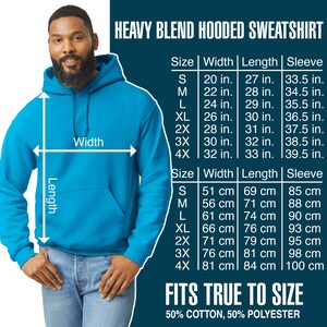 May include: A turquoise blue hooded sweatshirt with a size chart showing measurements in inches and centimetres. The chart shows the width, length, and sleeve length for sizes S through 4X. The text "FITS TRUE TO SIZE" and "50% COTTON, 50% POLYESTER" is also included.