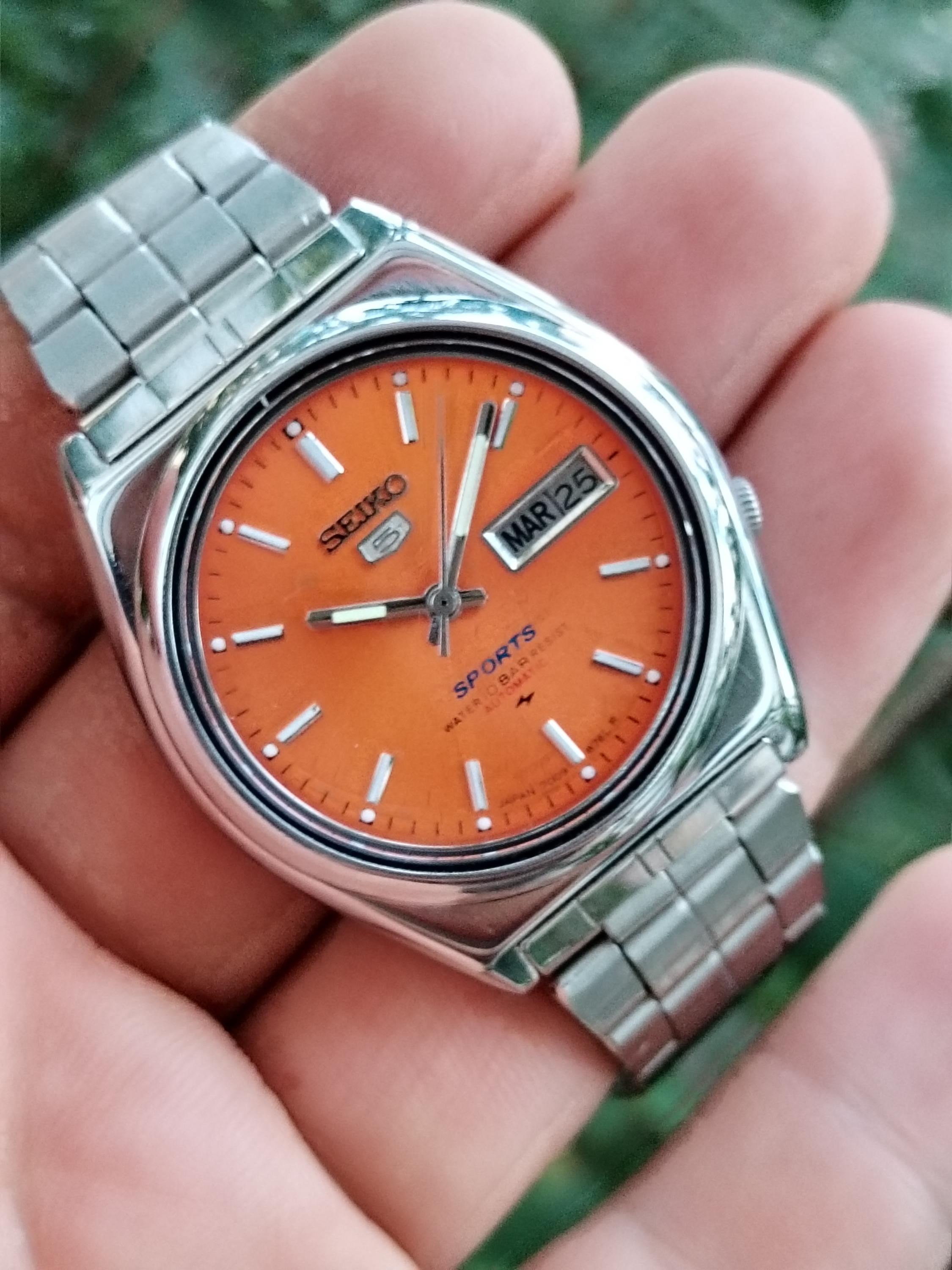 Vintage Refurbished Seiko 5 Automatic Watch - 1980s Orange