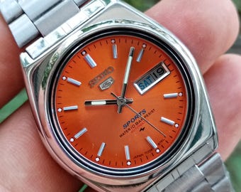 Vintage Refurbished Seiko 5 Automatic Watch - 1980s Orange Dial