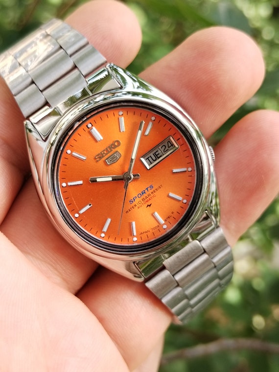 ヴィンテージ セイコー 5 自動巻き腕時計 - 1980年代 オレンジ文字盤
