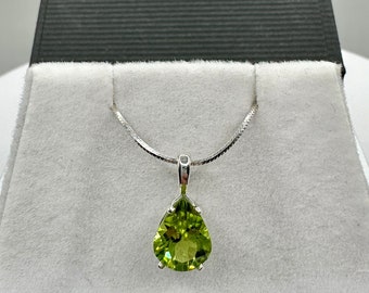 NATURAL PERIDOT PENDANT 9x6mm Pear, Hand Set in Sterling Silver; Necklace, Anniversary or Wedding; Valentine's Day Gift; Mother's Day Gift