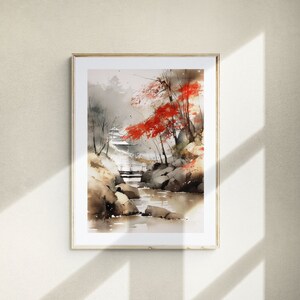 Japanese Watercolor River Landscape Wall Art, Printable Wall Art, Large Canvas Art Landscape, Japanese Landscape Painting, Instant Download