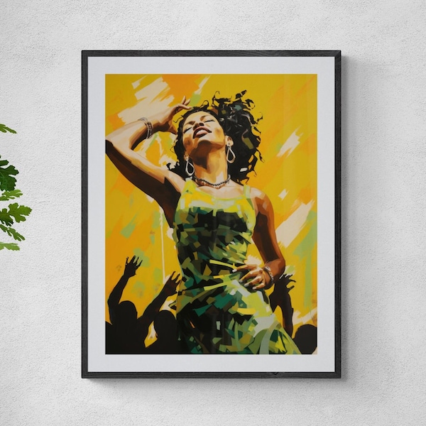 Brazilian Latina Pop Art Poster, Digital Download, Printable Wall Art, Yellow & Green Brazil Print, Preppy Women Portrait, Samba Dance Decor