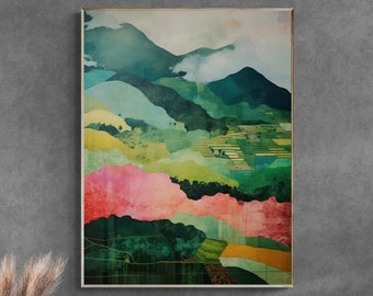 Abstract Landscape Mixed Media Collage, Printable Wall Art, Maximalist Wall Decor Instant Download, Trendy Eclectic Mountain Landscape Print