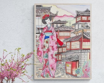 日本の舞妓さんアートプリント - 芸者の肖像画、サイン入り油絵（8x10