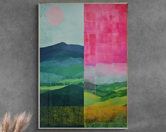 Preppy Maximalist Landscape Collage, Wall Art Printable, Trendy Art, Digital Download, Surreal Landscape Painting, Preppy Living Room Decor