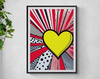 Yellow Heart Pop Art Poster, Printable Wall Art, Retro Pop Art Print, Retro Abstract Pop Art Painting, Large Wall Art, Instant Download