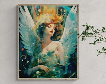 Preppy Angel Wing Wall Art, Maximalist Art, Printable Wall Art, Bridesmaid Gift, Christian Wall Decor, Angelic Painting, Instant Download