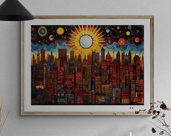 Plakat pop-art w stylu maksymalistycznym z pejzażem miejskim, grafika ścienna do druku, natychmiastowe pobranie, obraz z rozgwieżdżonym niebem, surrealistyczny, maksymalistyczny prezent na ścianę