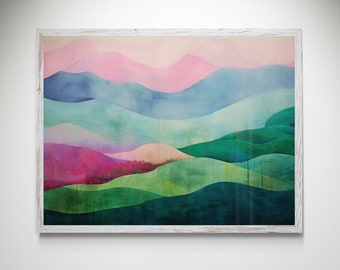 Abstract Pink & Sage Green Landscape Painting, Trendy Art, Digital Download, Minimalist Landscape Mixed Media Collage, Preppy Bathroom Decor