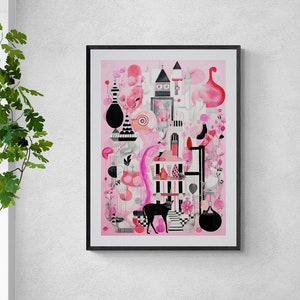 Preppy Eclectic Print, Boho Maximalist Wall Art, Printable Wall Art, Instant Download Black Cat Pink Cityscape Painting Abstract Boho Poster