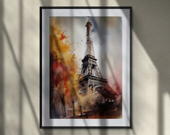 Paris Watercolor Painting, Printable Wall Art, Eiffel Tower Landscape Print, Large Wall Art Landscape Art, Paris Wall Art, Instant Download
