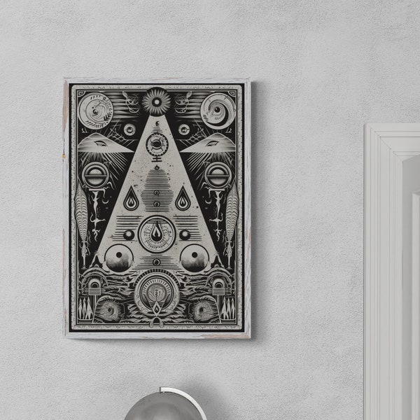 Ancient Alien Pyramid Illustration | Egyptian Hieroglyphs Poster | Printable Wall Art | Illuminati Print | Black & White | Instant Download