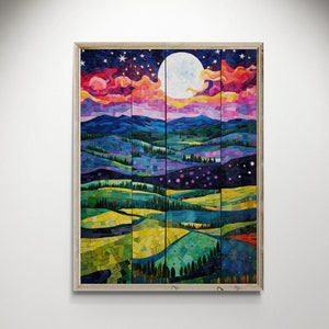 Lebendige surreale Landschaftscollage, Druckbare Kunst, Maximalistische Wanddekoration, Digital Download, Nachtlandschaft, Mosaik Stil Druck