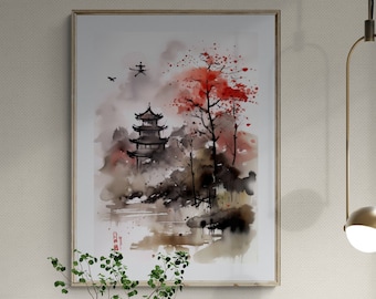 Japanese Landscape Wall Art, Sumi-e Inkwash Painting (digital