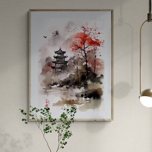 Watercolor Landscape Wall Art, Printable Wall Art Japanese Landscape Painting, Watercolor & Ink Art, Sumi-E Wall Art Print, Instant Download