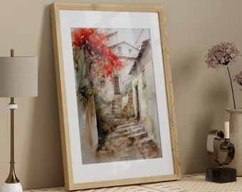 Italienisches Dorf Aquarell Malerei, druckbare Wandkunst, Italien Malerei, mediterrane Druck, Aquarell Landschaft Wand Kunst sofortiger Download
