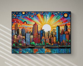 Vibrant Pop Art Skyline Painting, Printable Wall Art, Digital Download, Trippy Home Decor, Colorful Wall Decor, Surreal Maximalist Poster