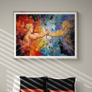 Puede incluir: Una pintura de dos figuras que se alcanzan la mano a través de un fondo colorido y agrietado. Ambas figuras son musculosas y tienen el pelo largo y suelto. El fondo es una mezcla de rojo, naranja, amarillo, azul y morado.