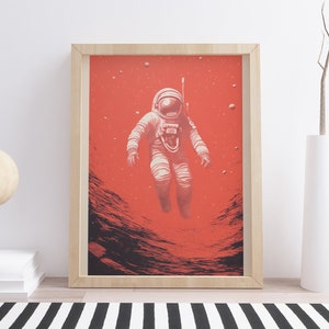 Coral Red Astronaut Printable Wall Art, Digital Download, Trendy Risograph Print, Retro Space Themed Print, Trendy Gaming Room Wall Decor,