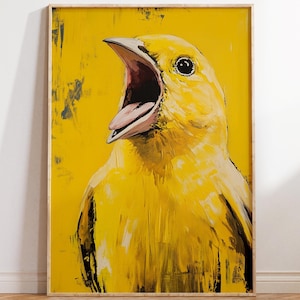 Puede incluir: Un pájaro amarillo con el pico abierto de par en par, pintado en un estilo audaz y expresivo. El pájaro está situado sobre un fondo amarillo brillante, creando una imagen vibrante y llamativa.