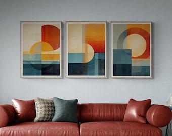 Triptych Mid Century Modern Set of 3 Prints, Instant Download, Printable Wall Art, Abstract Sunset Landscape Painting, Minimalist Wall Art